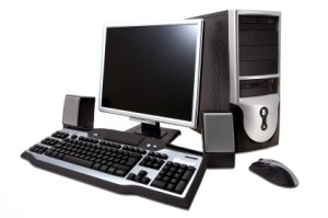 desktop computer with lcd monitor, keyboard, speaker and mouse,
