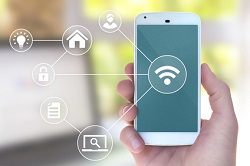 Modern mobile smart phone connecting to wifi automation apps in