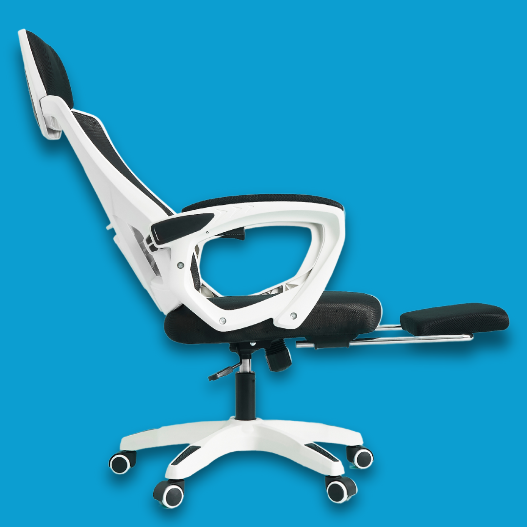 A blue background with a white ergonomic chair