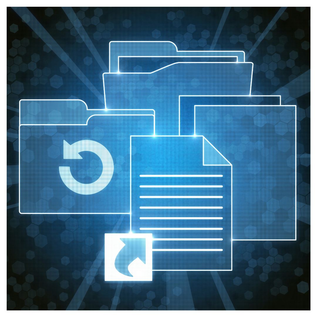 A blue-toned graphic with computer folders, files, and documents.